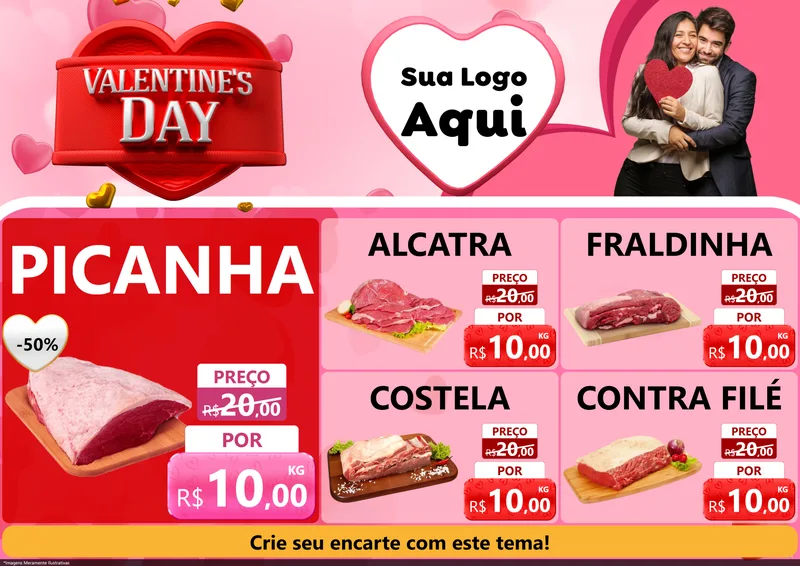 Modelo de Encarte para Encarte A4 Horizontal com o tema Valentine's Day para Açougue