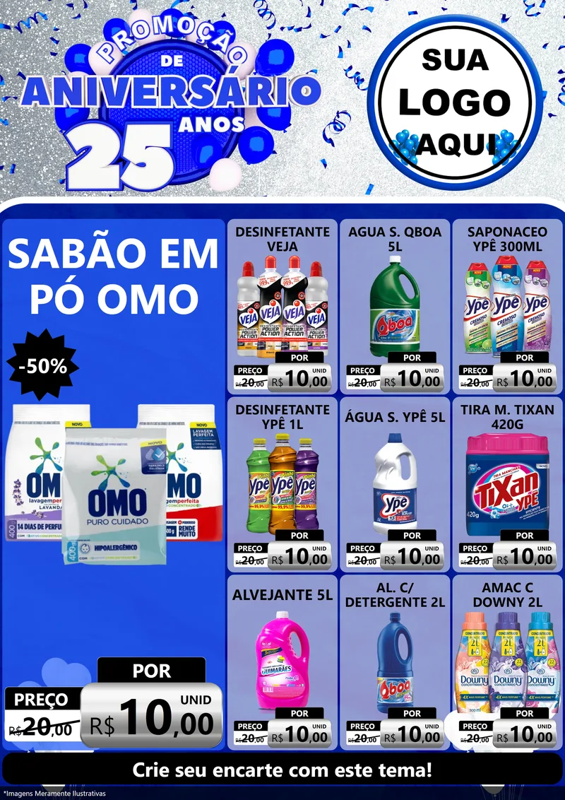 Modelo de Encarte para Encarte A4 Vertical com o tema Promoção de Aniversário - 25 Anos para Produtos de Limpeza