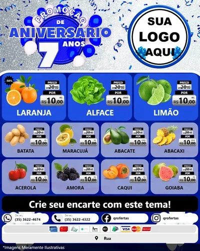 Modelo de Rede Social para Feed Instagram com o tema Promoção de Aniversário - 7 Anos para Hortifrúti