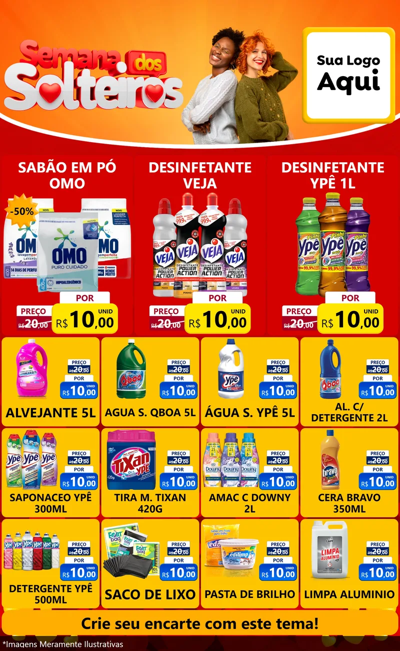 Modelo de Encarte para Encarte Grande com o tema Semana dos Solteiros para Produtos de Limpeza