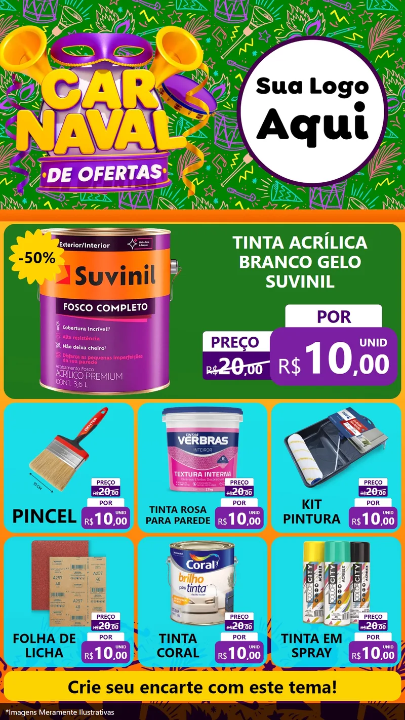 Modelo de Rede Social para Stories com o tema Carnaval de Ofertas para Tintas e Ferramentas