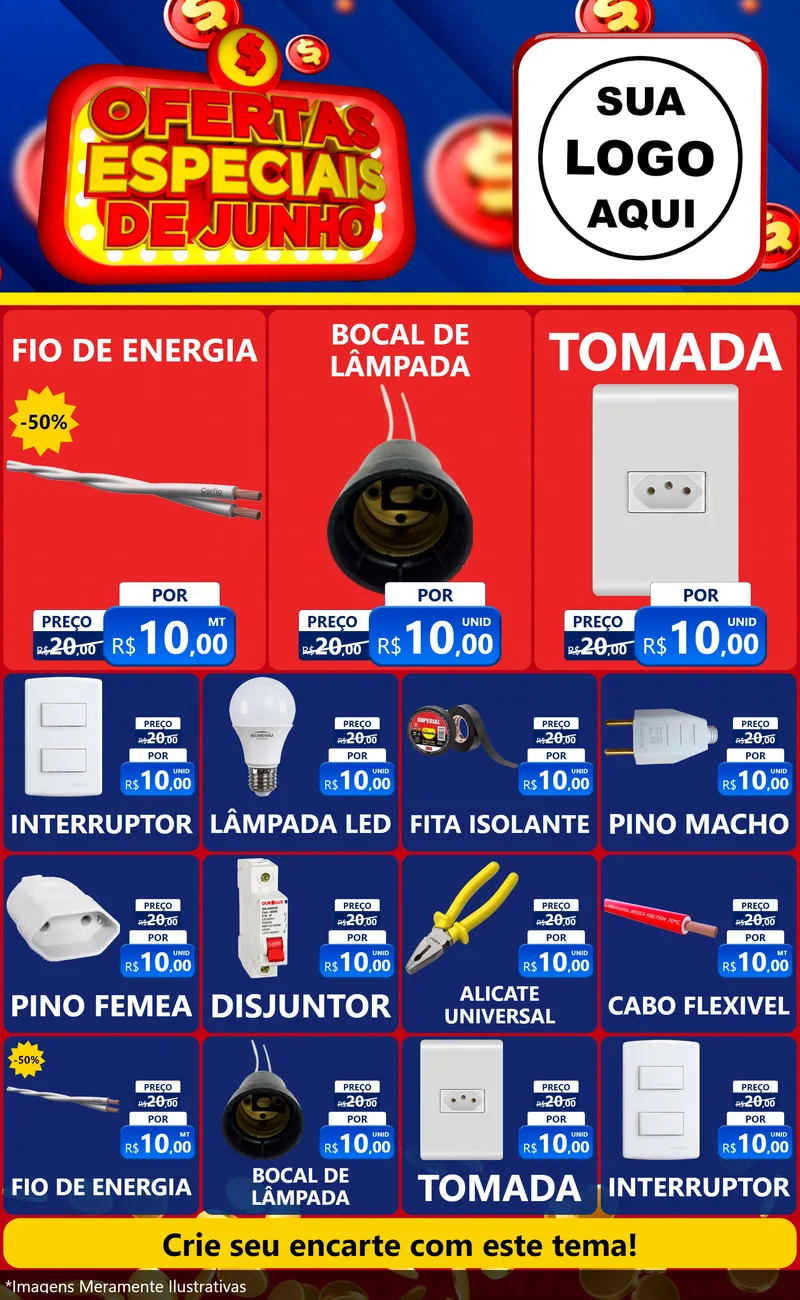 Modelo de Encarte para Encarte Grande com o tema Ofertas Especiais de Junho para Materiais Elétricos