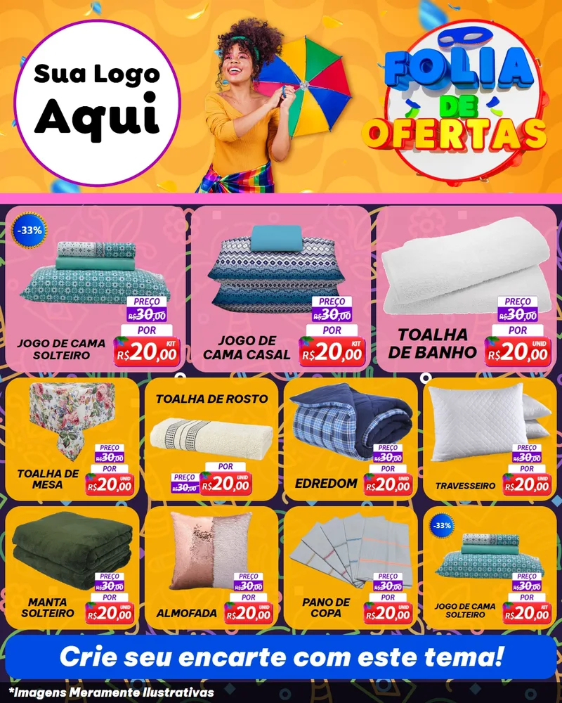 Modelo de Rede Social para Feed Instagram com o tema Folia de Ofertas para Cama, Mesa e Banho