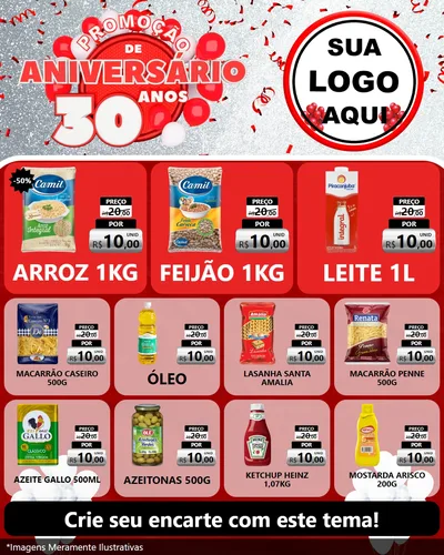 Modelo de Rede Social para Feed Instagram com o tema Promoção de Aniversário - 30 Anos para Supermercado