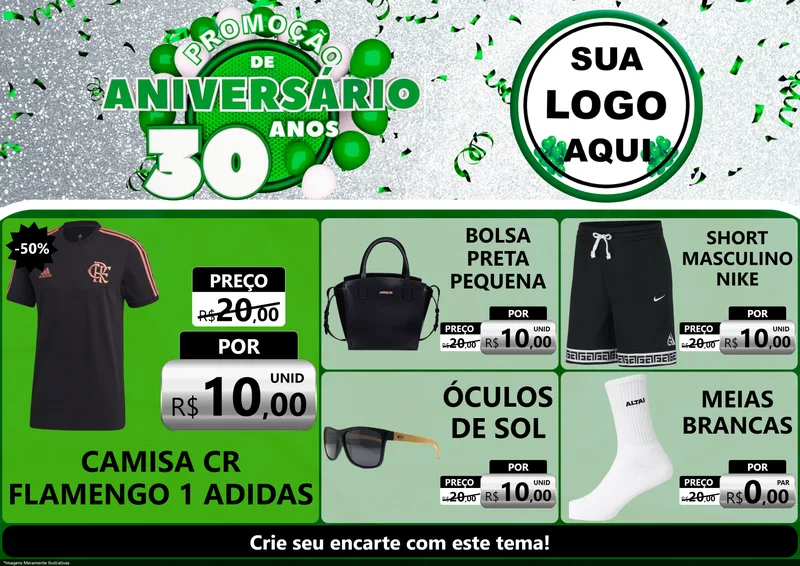 Modelo de Encarte para Encarte A4 Horizontal com o tema Promoção de Aniversário - 30 Anos para Roupas e acessórios