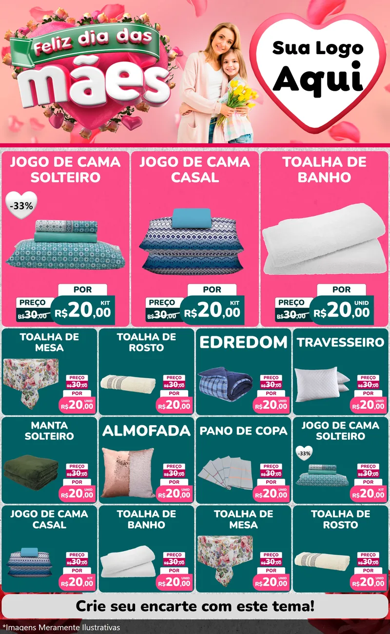 Modelo de Encarte para Encarte Grande com o tema Feliz Dia das Mães para Cama, Mesa e Banho