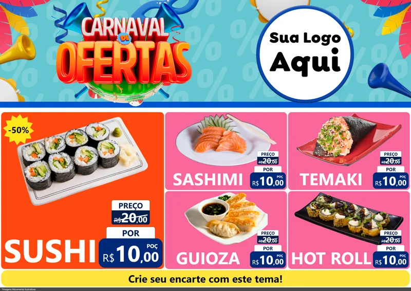 Modelo de Encarte para Encarte A4 Horizontal com o tema Carnaval de Ofertas para Comida japonesa