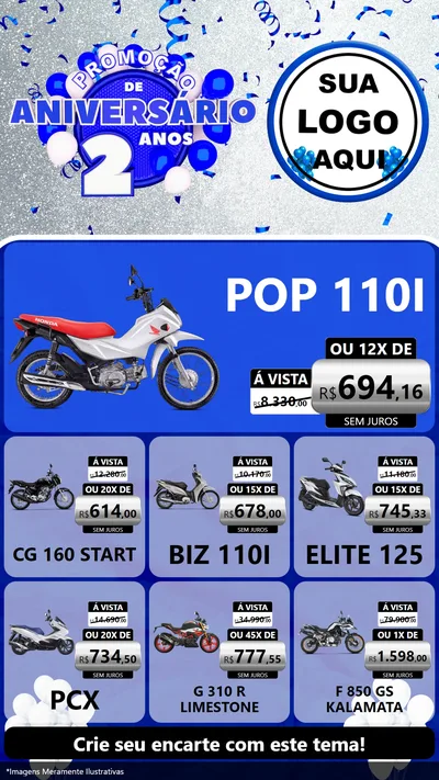 Modelo de Rede Social para Stories com o tema Promoção de Aniversário - 2 Anos para Concessionaria de Motos