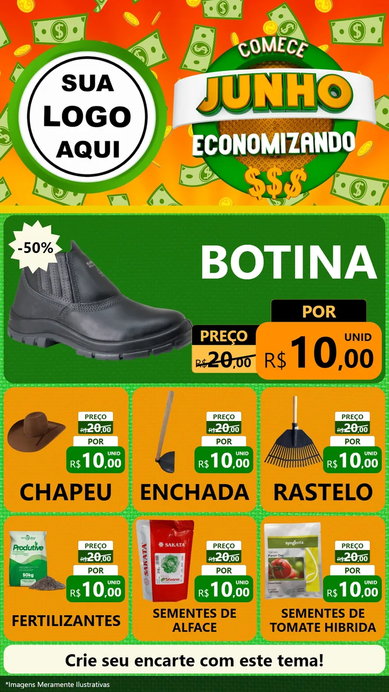 Modelo de Rede Social para Stories com o tema Comece Junho Economizando para Agropecuária