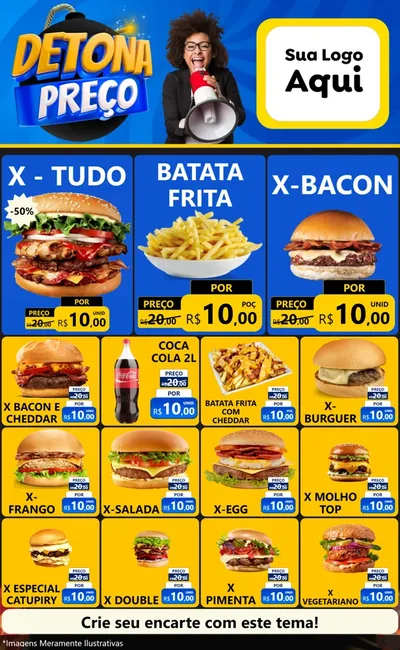 Modelo de Encarte para Encarte Grande com o tema Detona Preços para Hamburgueria