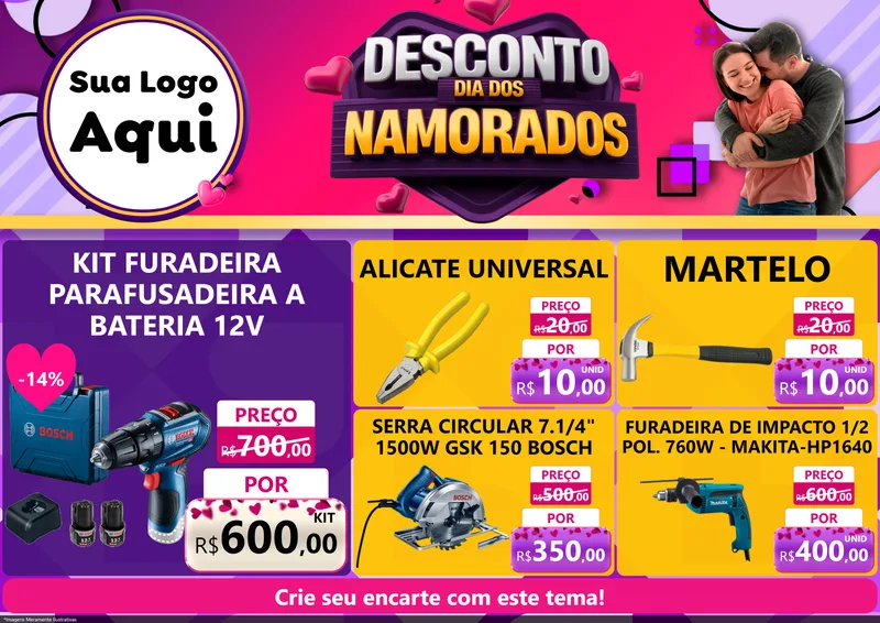 Modelo de Encarte para Encarte A4 Horizontal com o tema Desconto Dia dos Namorados para Maquinas e Ferramentas