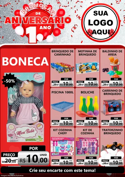 Modelo de Encarte para Encarte A4 Vertical com o tema Promoção de Aniversário - 1 Ano para Brinquedos