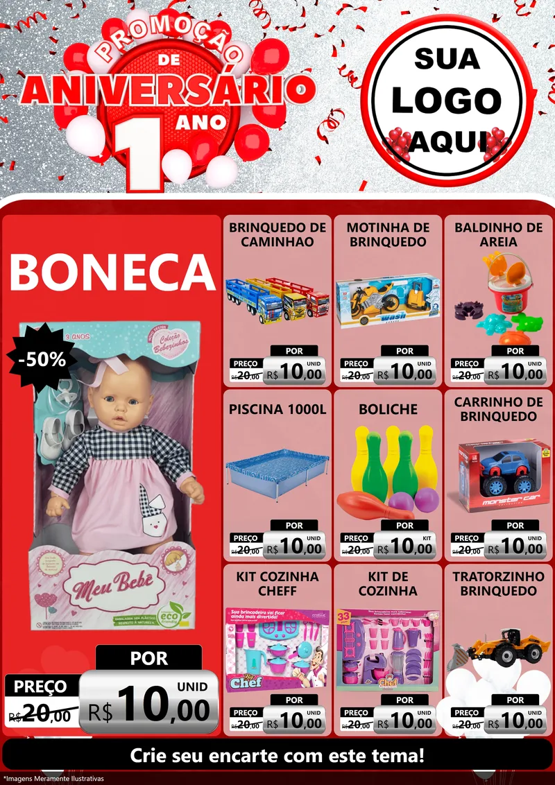Modelo de Encarte para Encarte A4 Vertical com o tema Promoção de Aniversário - 1 Ano para Brinquedos