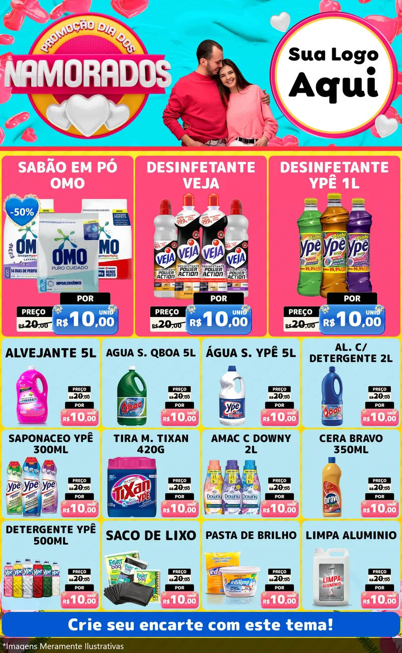 Modelo de Encarte para Encarte Grande com o tema Promoção Dia dos Namorados para Produtos de Limpeza