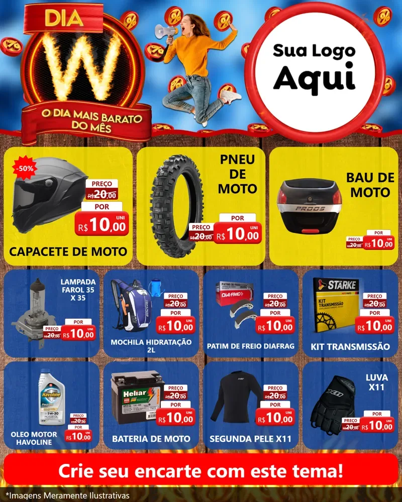 Modelo de Rede Social para Feed Instagram com o tema Dia W - O Dia Mais Barato Do Mês para Moto peças