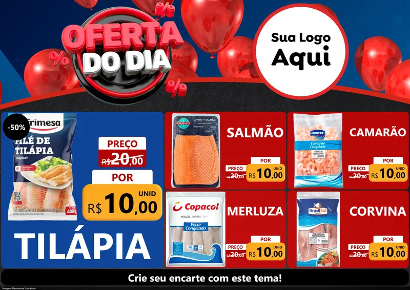 Modelo de Encarte para Encarte A4 Horizontal com o tema Oferta do Dia para Peixaria