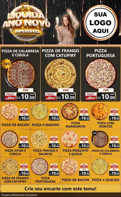 Modelo de Encarte para Encarte Grande com o tema Liquida Ano Novo Imperdível para Pizzaria