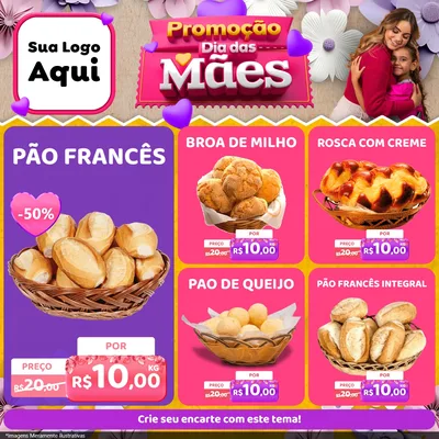 Modelo de Rede Social para Feed Facebook com o tema Promoção Dia das Mães para Padaria
