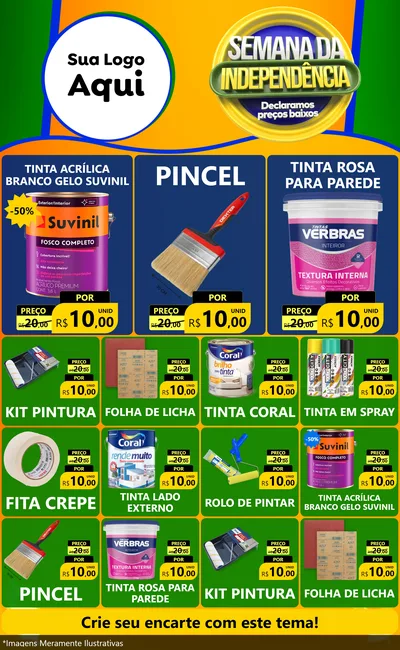 Modelo de Encarte para Encarte Grande com o tema Semana da Independência Declaramos Preços Baixos para Tintas e Ferramentas