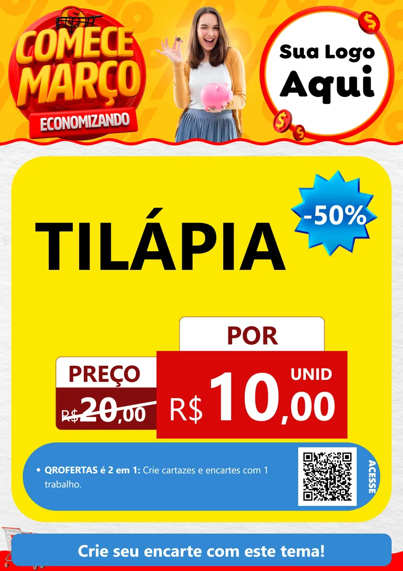 Modelo de Cartaz para Cartaz A4 Vertical com o tema Comece Março Economizando para Peixaria