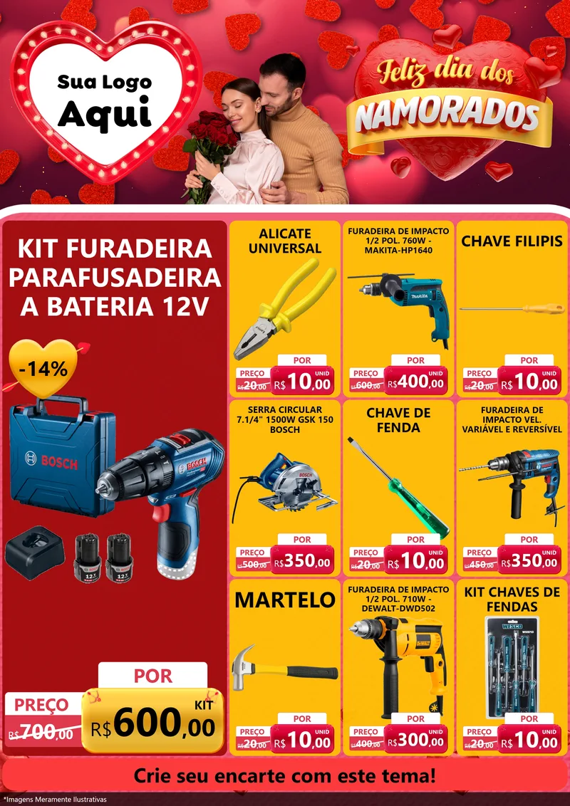 Modelo de Encarte para Encarte A4 Vertical com o tema Feliz Dia Dos Namorados para Maquinas e Ferramentas