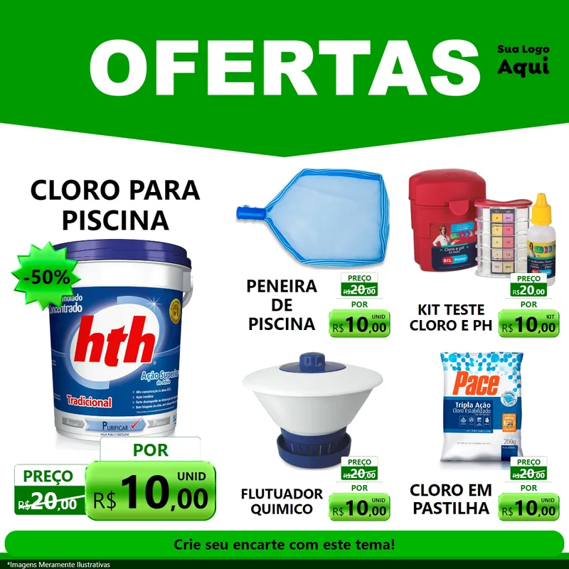 Modelo de Rede Social para Feed Facebook com o tema Ofertas Verde Cartaz para Produtos para Piscina