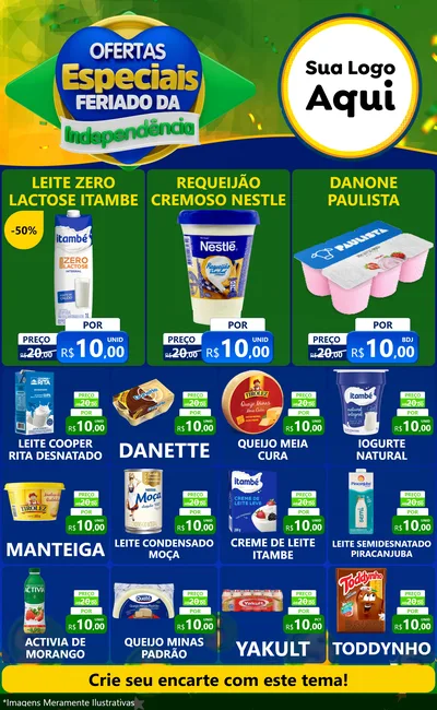 Modelo de Encarte para Encarte Grande com o tema Ofertas Especiais Feriado da Independência para Frios e Laticínios