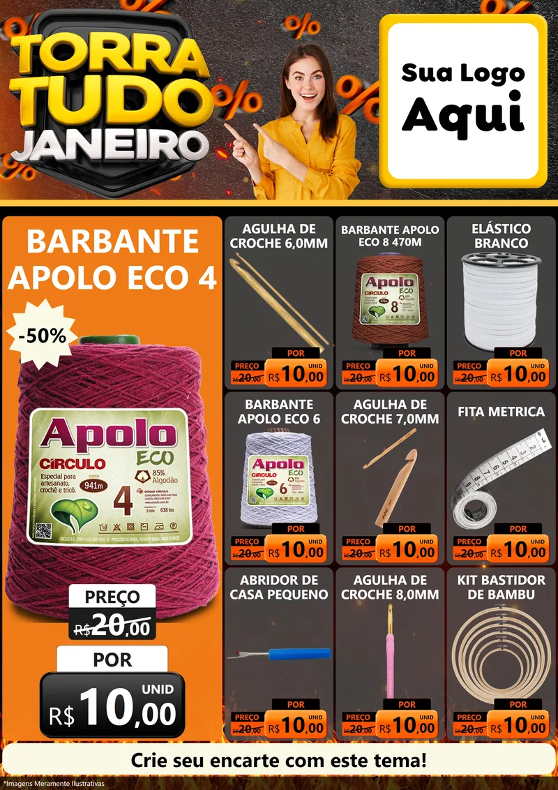 Modelo de Encarte para Encarte A4 Vertical com o tema Torra Tudo Janeiro para Armarinho e Aviamentos