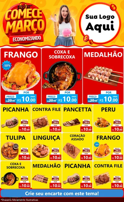 Modelo de Encarte para Encarte Grande com o tema Comece Março Economizando para Assados