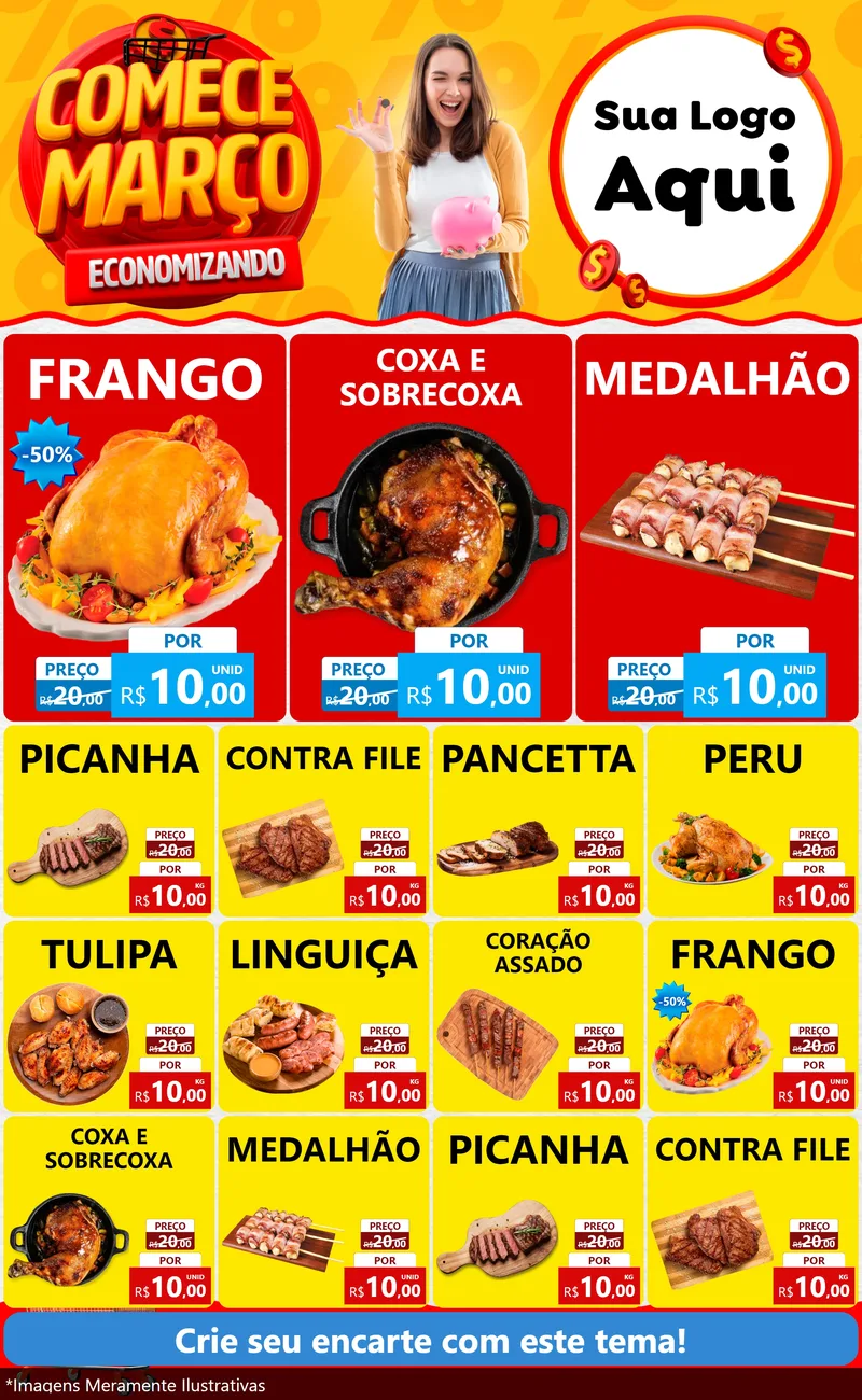 Modelo de Encarte para Encarte Grande com o tema Comece Março Economizando para Assados