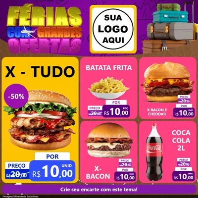 Modelo de Rede Social para Feed Facebook com o tema Férias com Grandes Ofertas para Hamburgueria