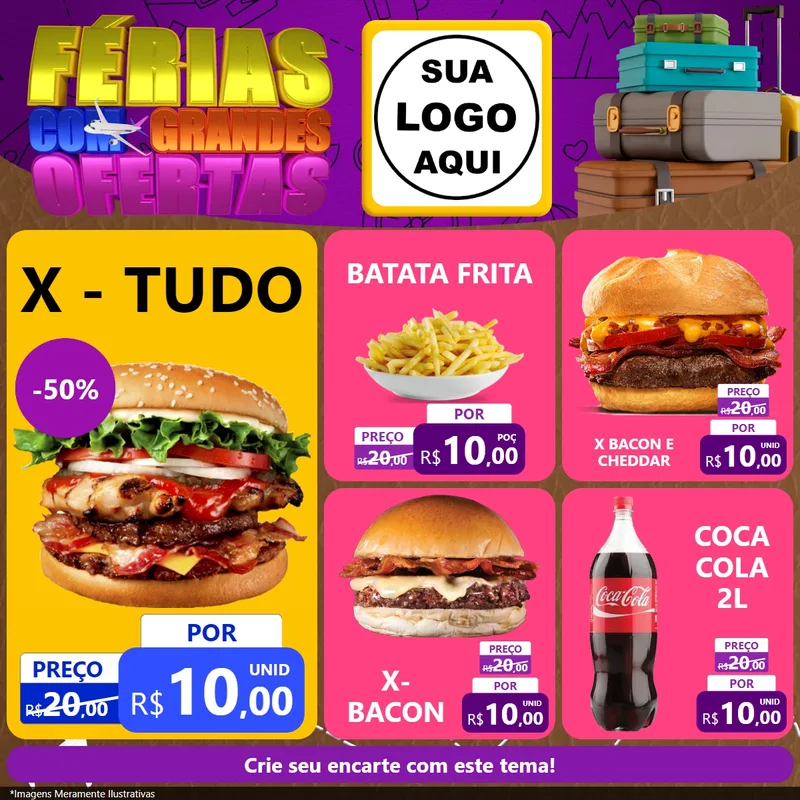 Modelo de Rede Social para Feed Facebook com o tema Férias com Grandes Ofertas para Hamburgueria