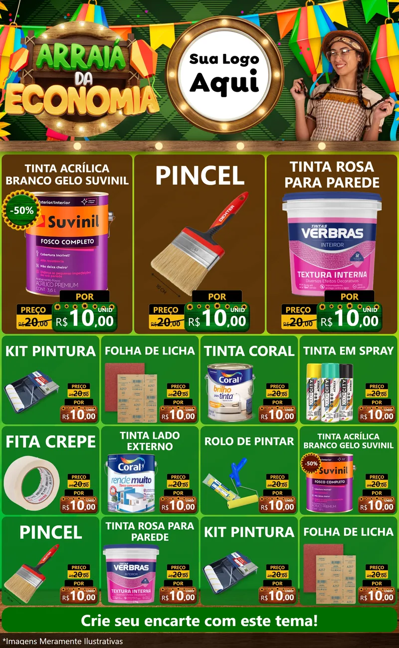 Modelo de Encarte para Encarte Grande com o tema Arraiá de Economia para Tintas e Ferramentas