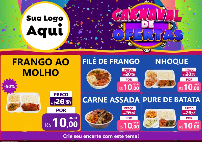 Modelo de Encarte para Encarte A4 Horizontal com o tema Carnaval de Ofertas para Restaurante