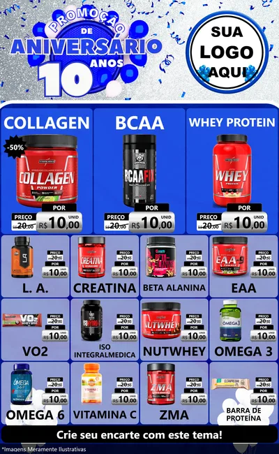 Modelo de Encarte para Encarte Grande com o tema Promoção de Aniversário - 10 Anos para Suplementos alimentares