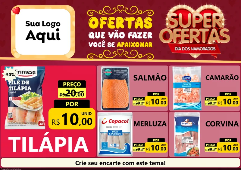 Modelo de Encarte para Encarte A4 Horizontal com o tema Dia dos Namorados para Peixaria