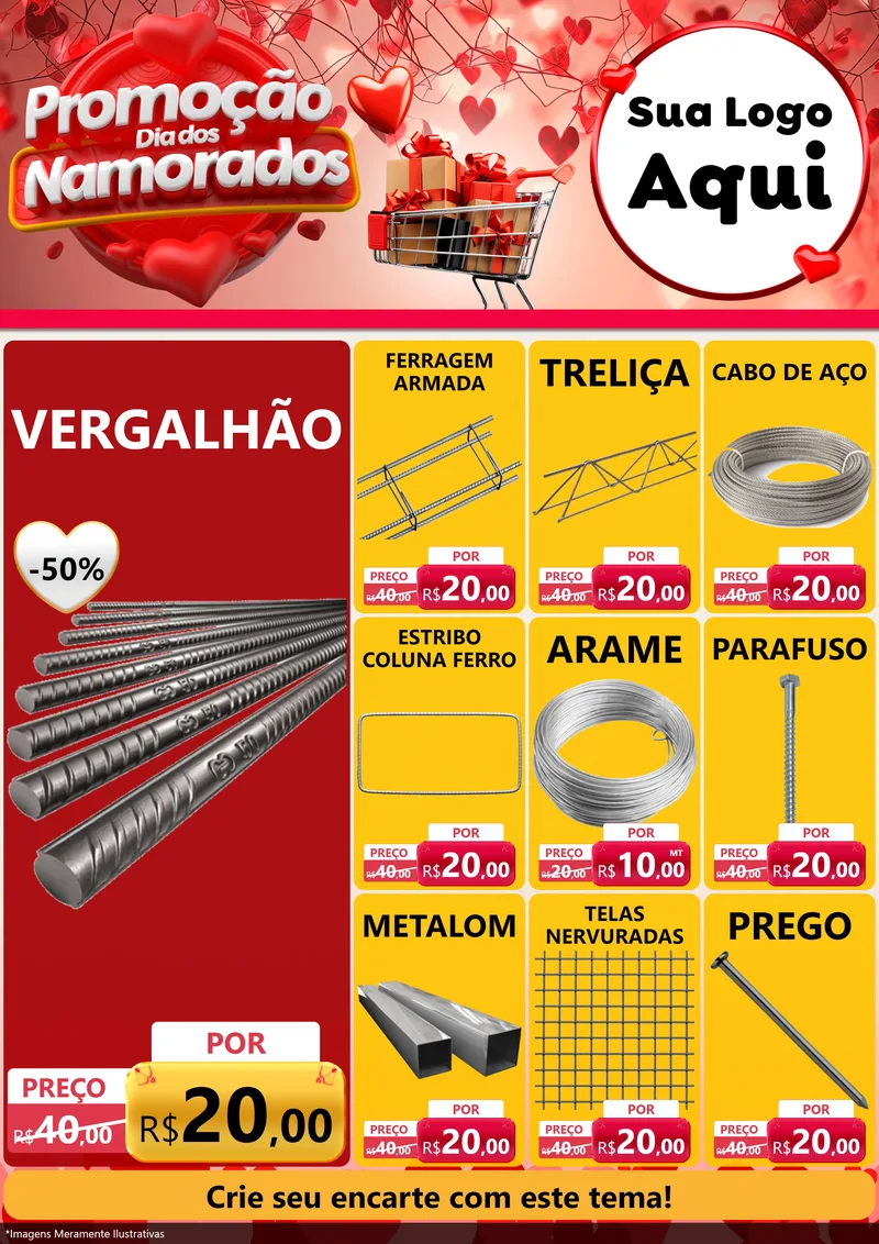 Modelo de Encarte para Encarte A4 Vertical com o tema Promoção Dia dos Namorados para Ferragens