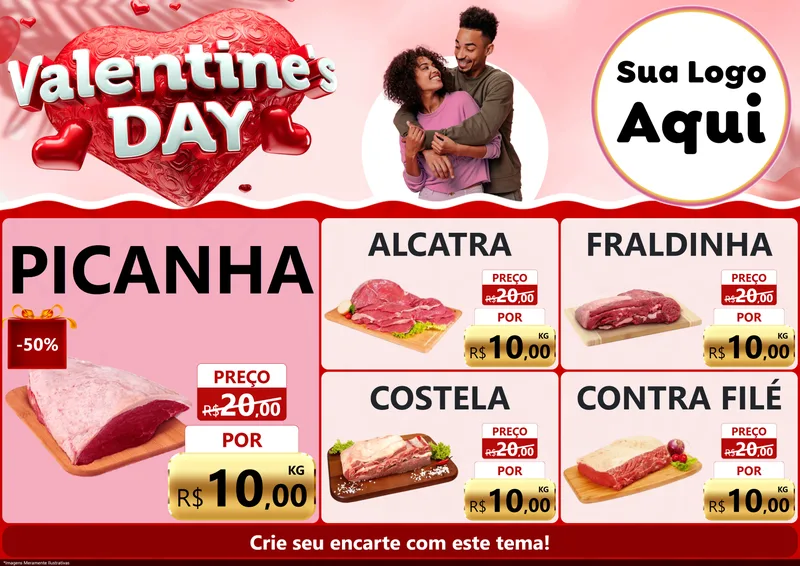 Modelo de Encarte para Encarte A4 Horizontal com o tema Valentine's Day para Açougue