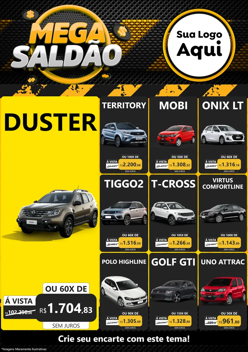 Modelo de Encarte para Encarte A4 Vertical com o tema Mega Saldão para Concessionaria de Carros
