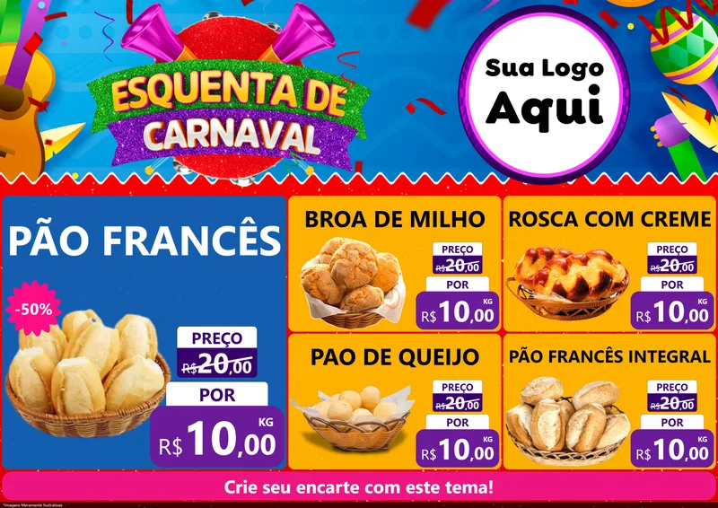Modelo de Encarte para Encarte A4 Horizontal com o tema Esquenta de Carnaval para Padaria