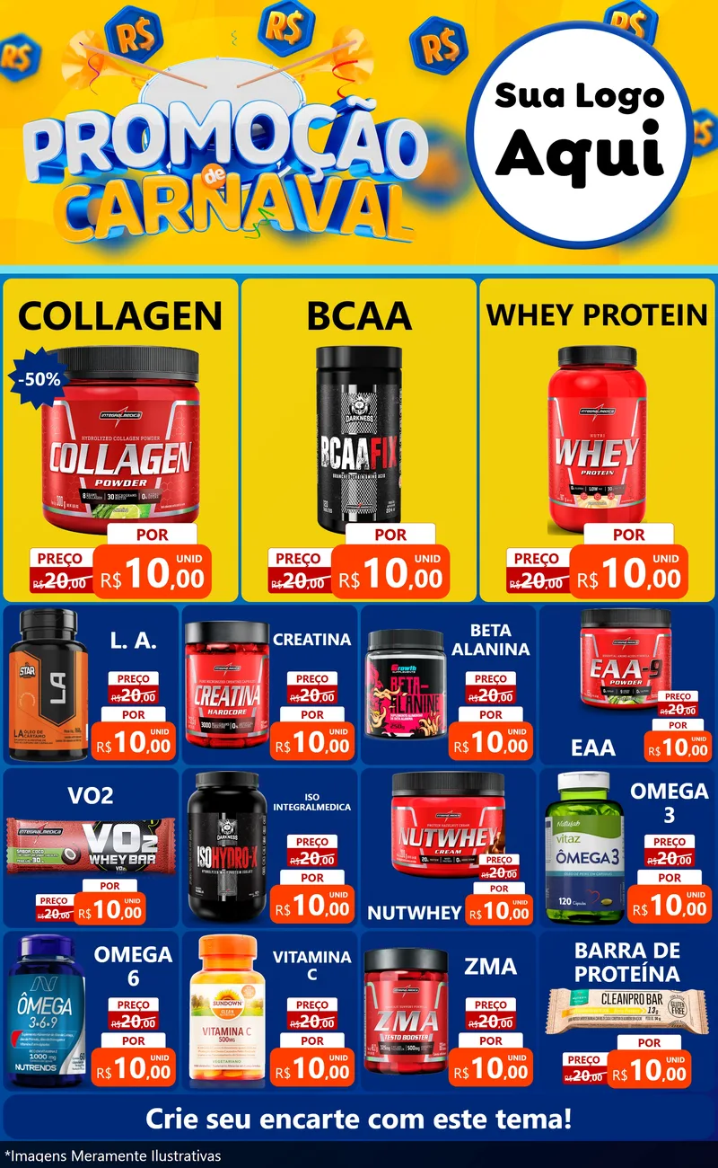 Modelo de Encarte para Encarte Grande com o tema Promoção de Carnaval para Suplementos alimentares