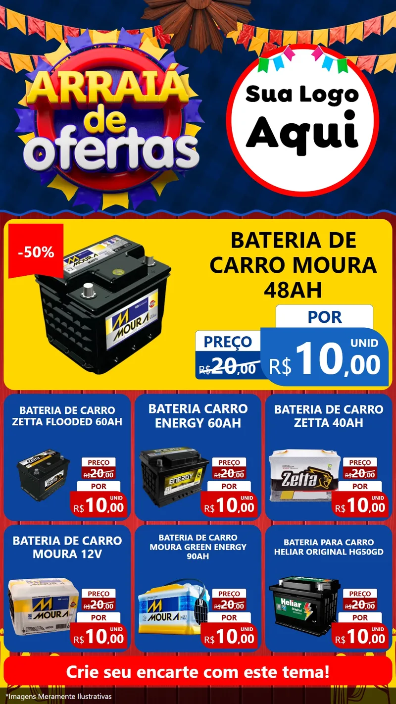 Modelo de Rede Social para Stories com o tema Arraiá de Ofertas para Baterias Elétricas