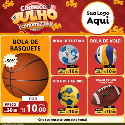 Modelo de Rede Social para Feed Facebook com o tema Comece Julho Economizando para Artigos Esportivos