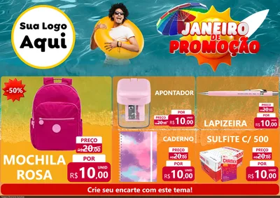 Modelo de Encarte para Encarte A4 Horizontal com o tema Janeiro de Promoção para Papelaria