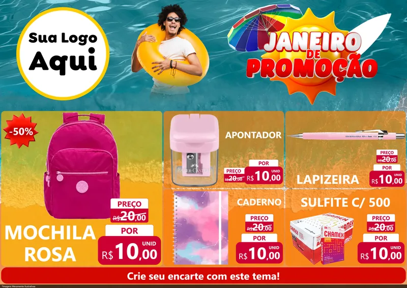 Modelo de Encarte para Encarte A4 Horizontal com o tema Janeiro de Promoção para Papelaria