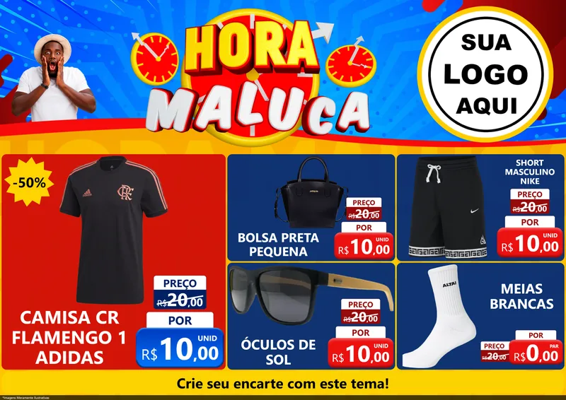 Modelo de Encarte para Encarte A4 Horizontal com o tema Hora Maluca para Roupas e acessórios