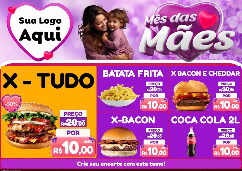 Modelo de Encarte para Encarte A4 Horizontal com o tema Mês das Mães para Hamburgueria