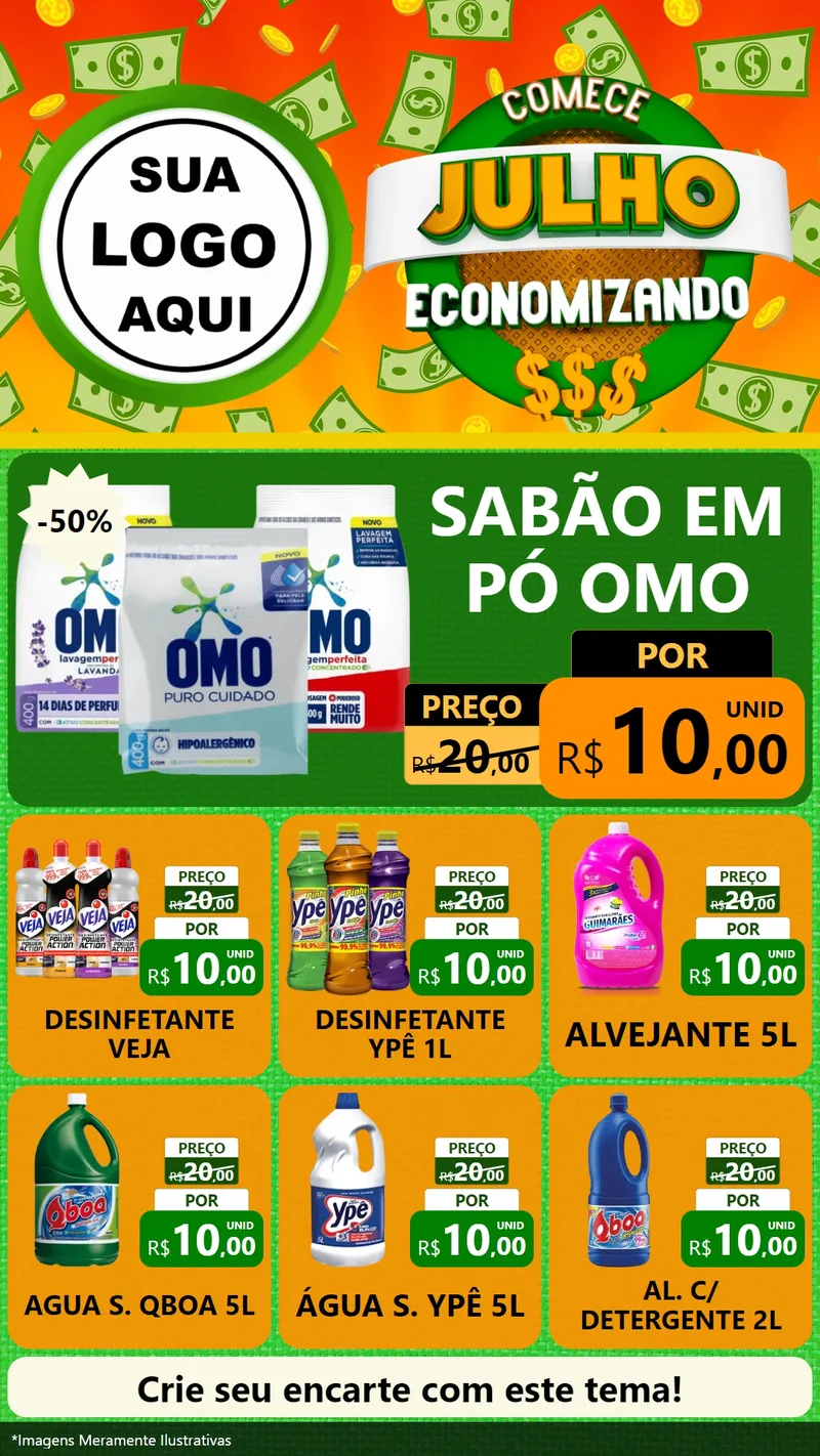 Modelo de Rede Social para Stories com o tema Comece Julho Economizando para Produtos de Limpeza
