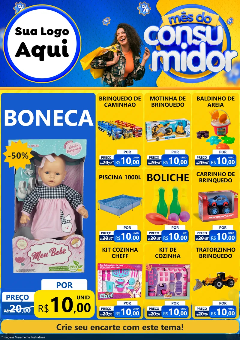Modelo de Encarte para Encarte A4 Vertical com o tema Mês do Consumidor para Brinquedos