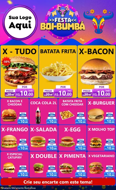 Modelo de Encarte para Encarte Grande com o tema Festa Boi-Bumbá para Hamburgueria